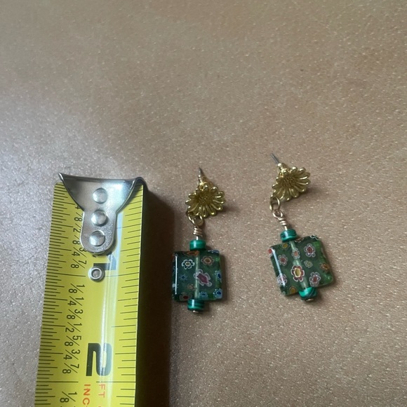 Daisy earrings w green Italian millefiori glass beads and malachite beads post - Picture 6 of 7